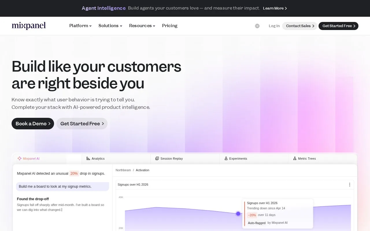 Screenshot of the Mixpanel homepage
