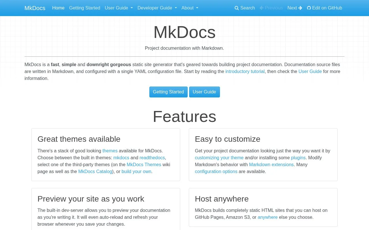 Screenshot of the MkDocs homepage