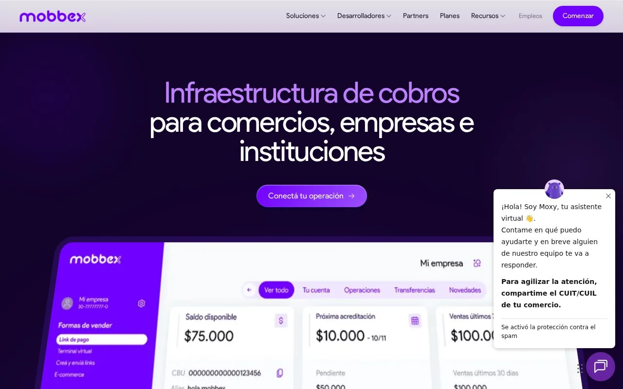 Screenshot of the Mobbex homepage