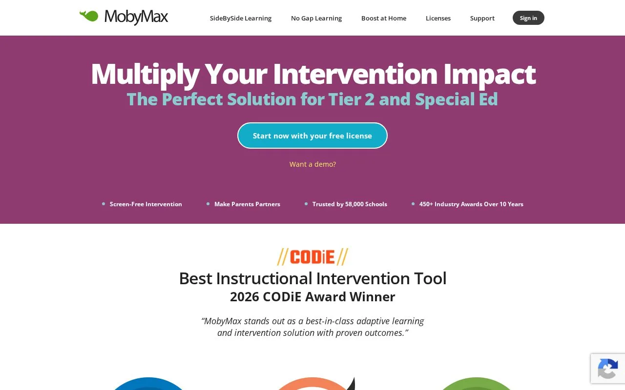 Screenshot of the MobyMax homepage