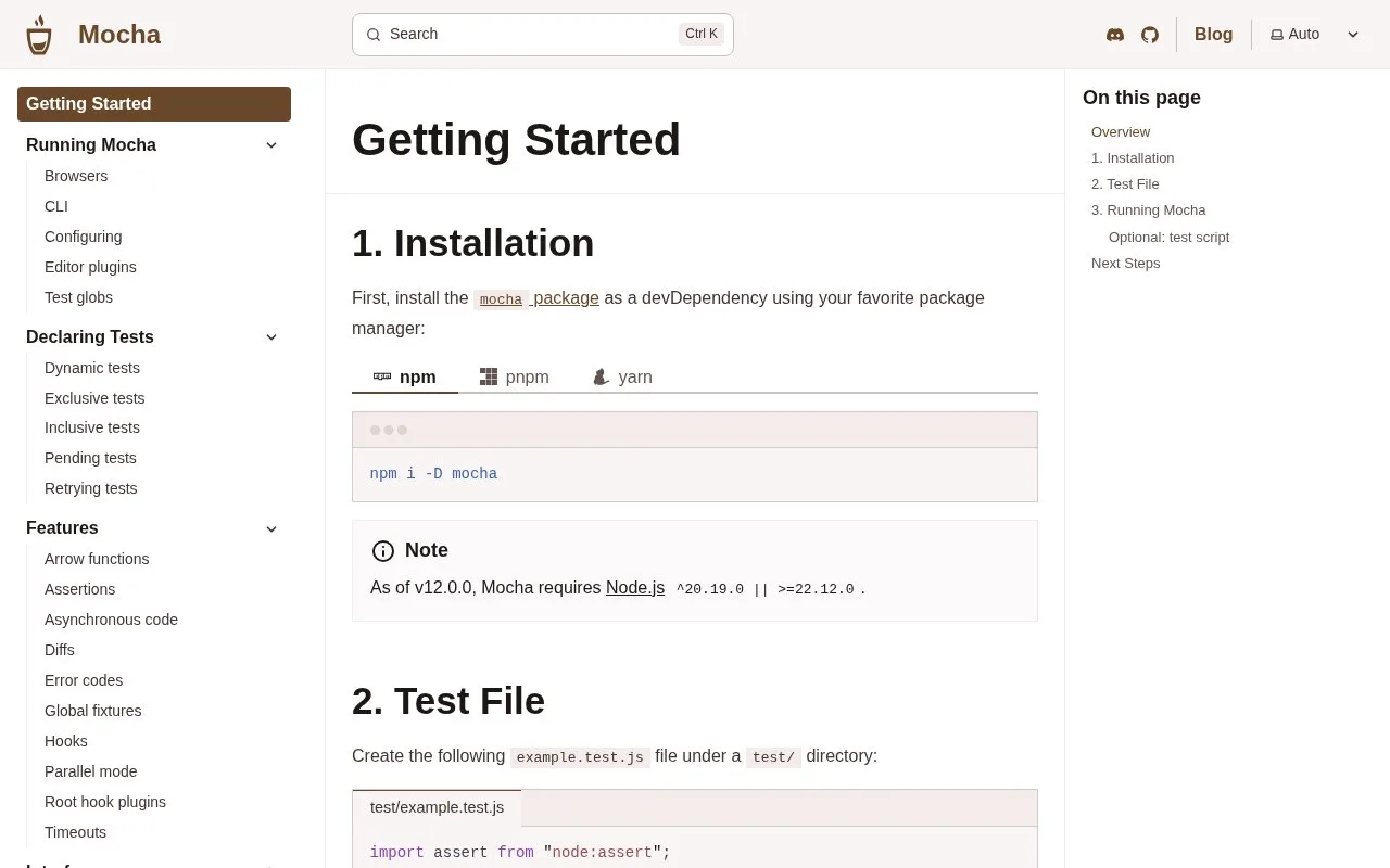 Screenshot of the Mocha homepage