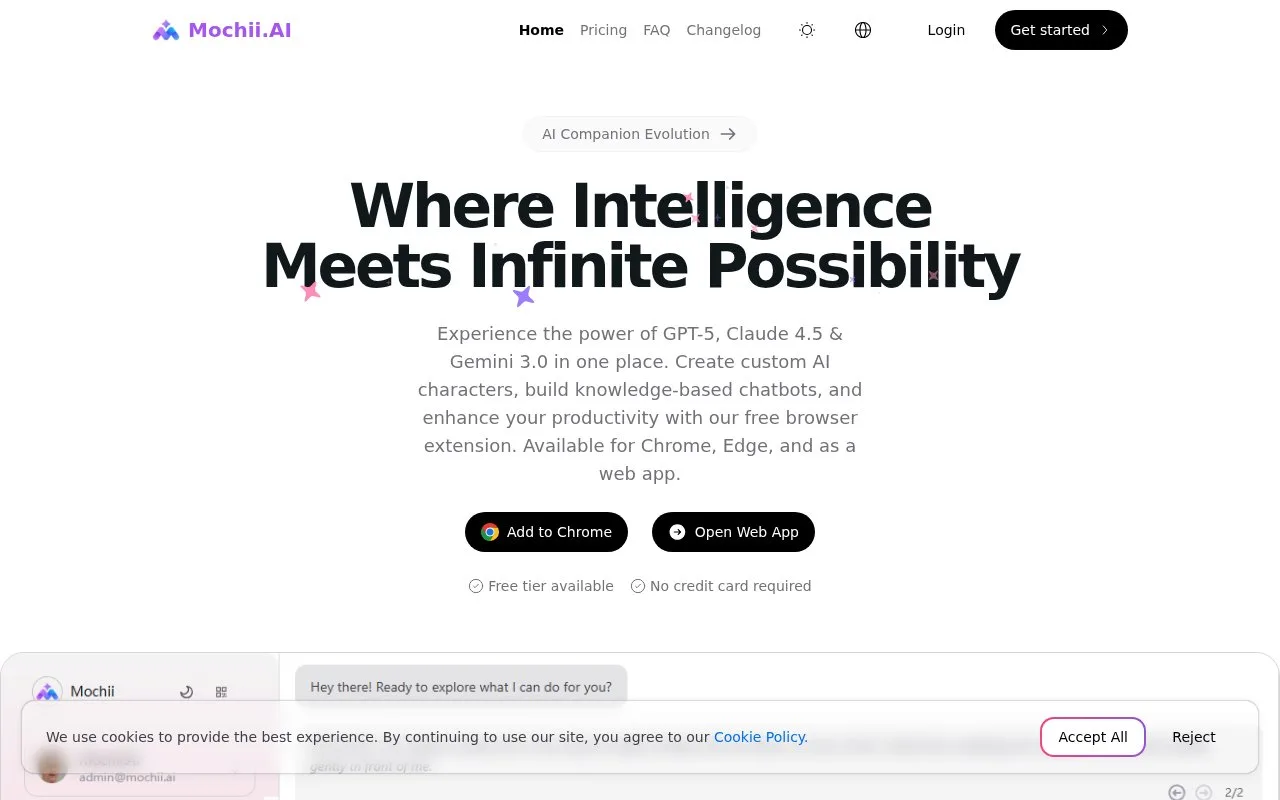 Screenshot of the Mochii AI homepage