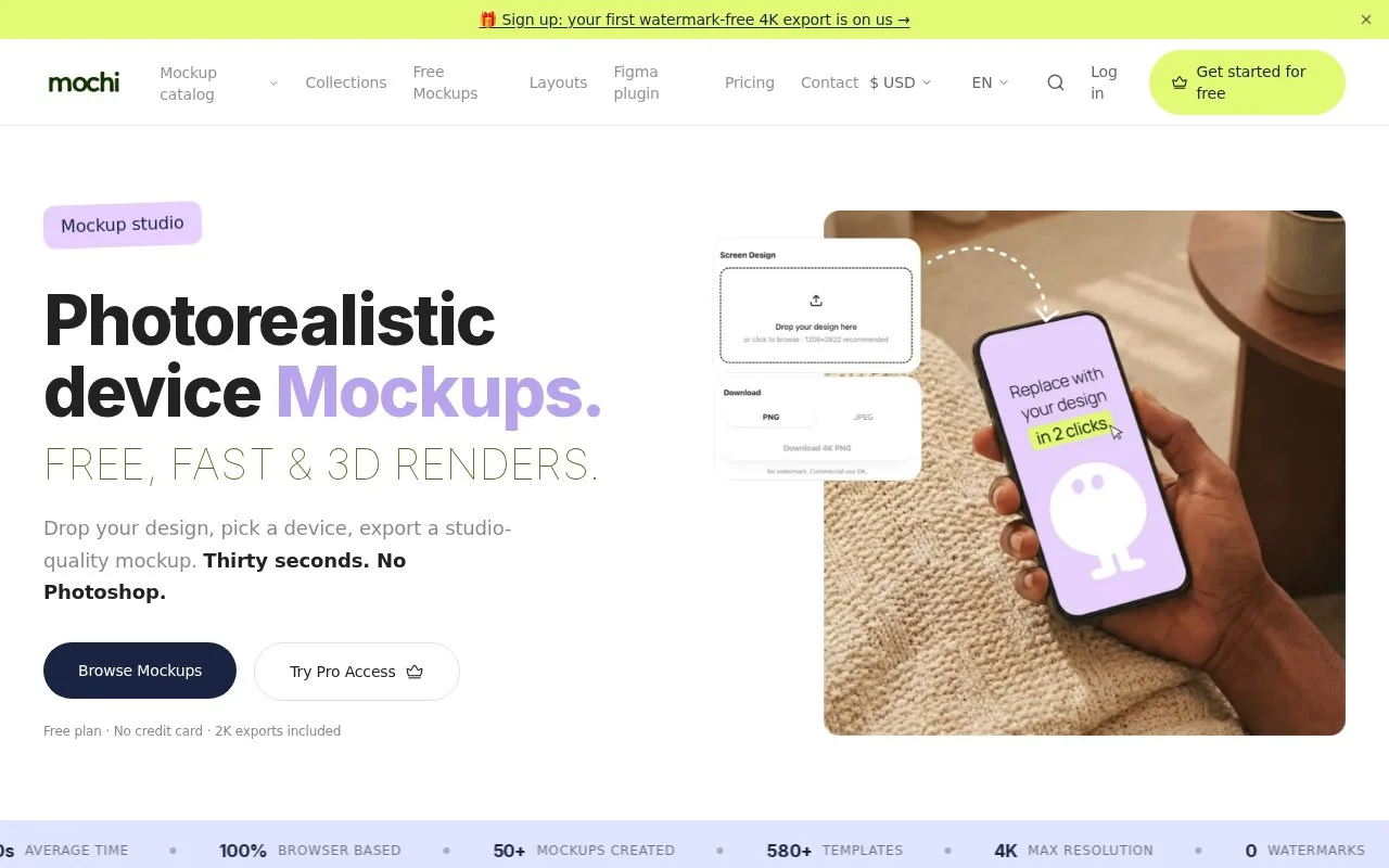 Screenshot of the MochiMockup homepage