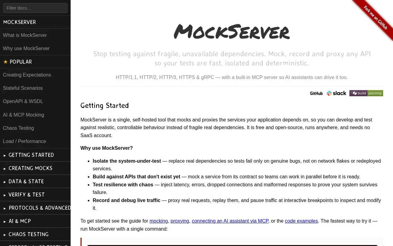 Screenshot of the MockServer homepage
