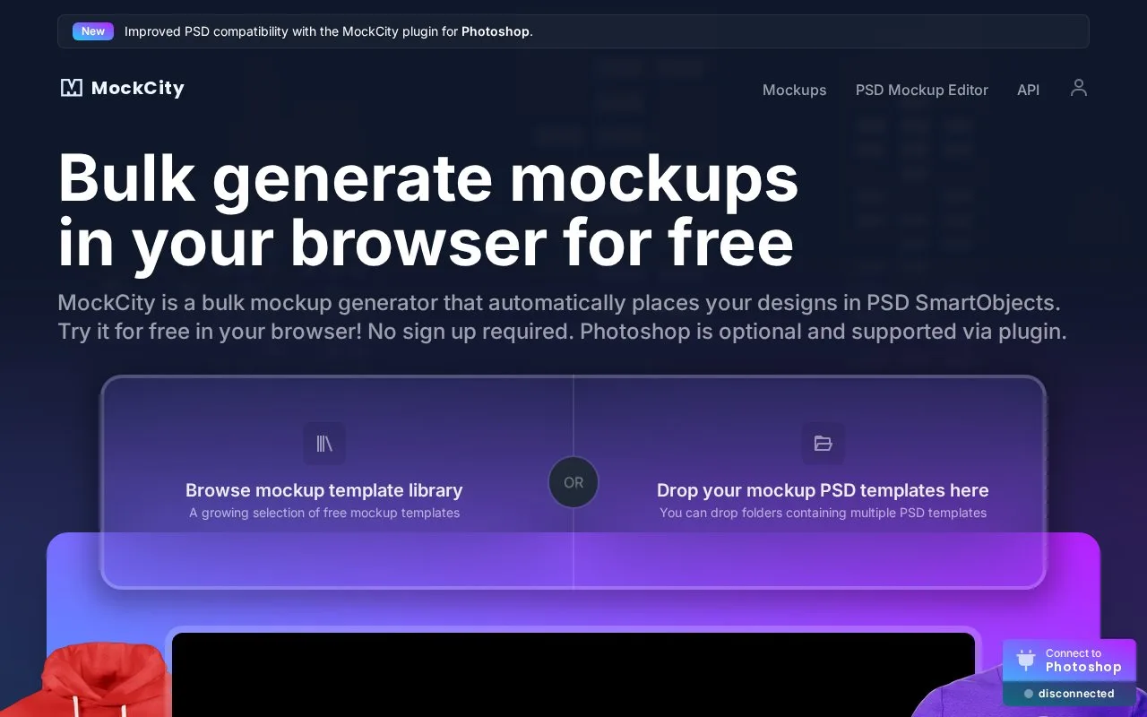 Screenshot of the MockCity homepage