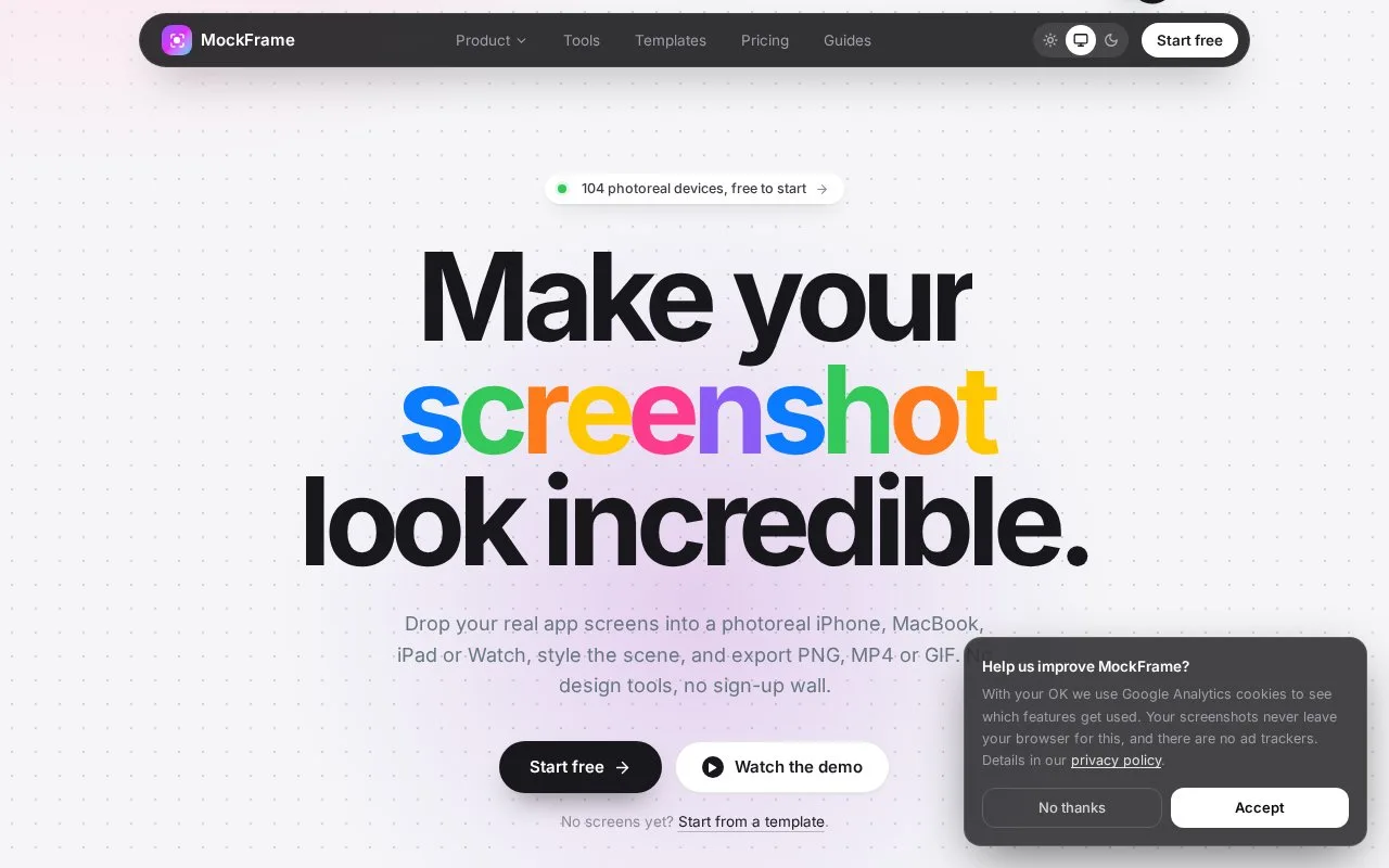 Screenshot of the MockFrame homepage