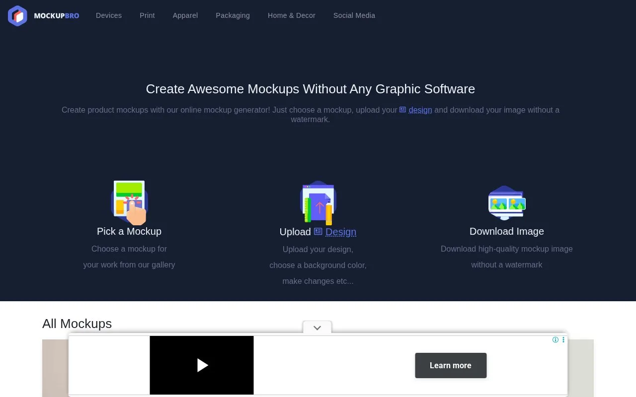 Screenshot of the MockupBro homepage