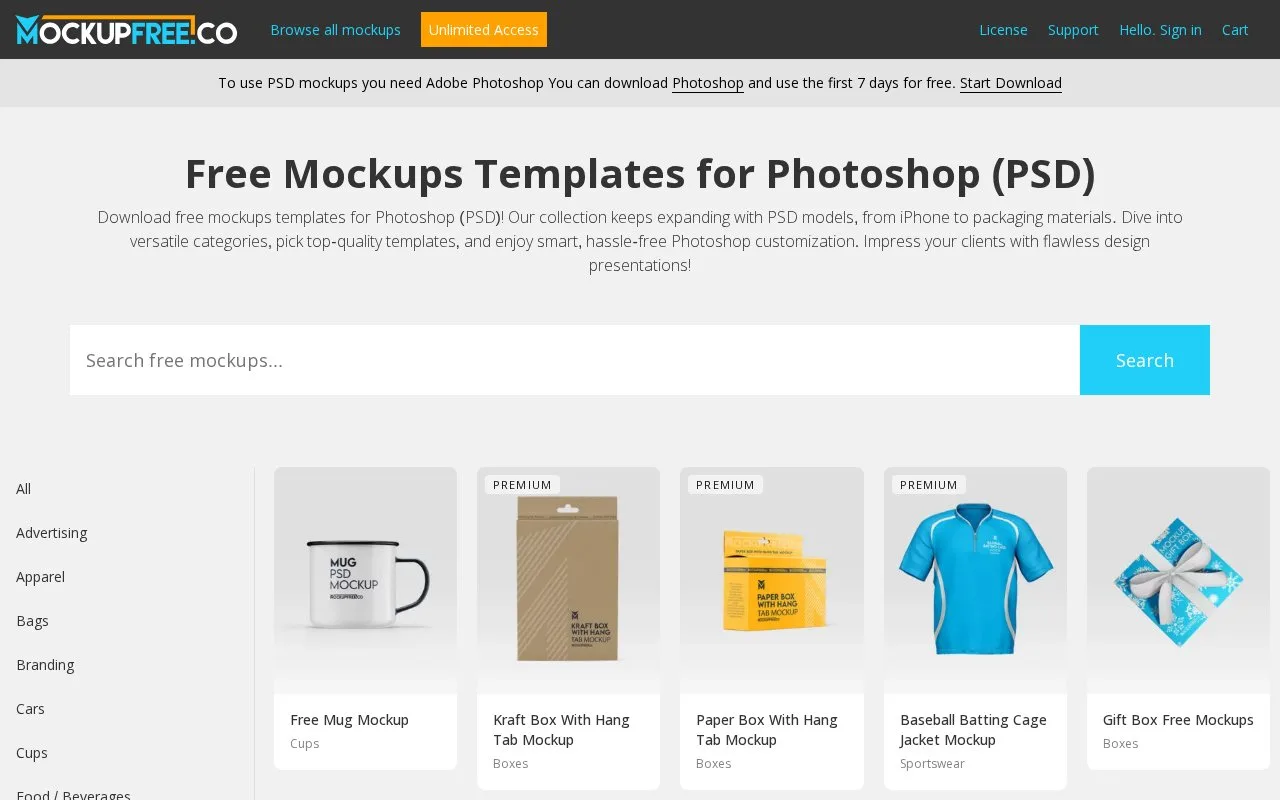 Screenshot of the MockupFree homepage
