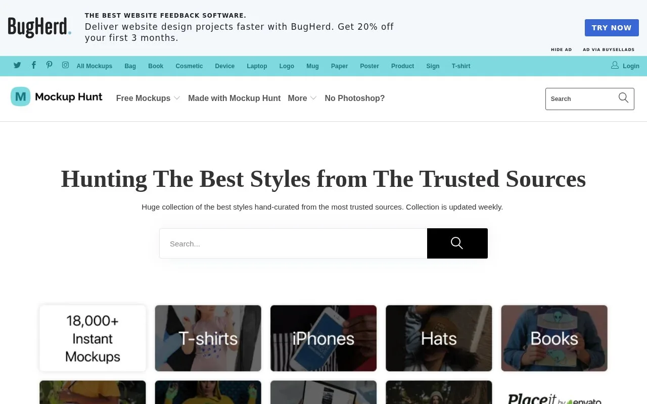 Screenshot of the Mockup Hunt homepage