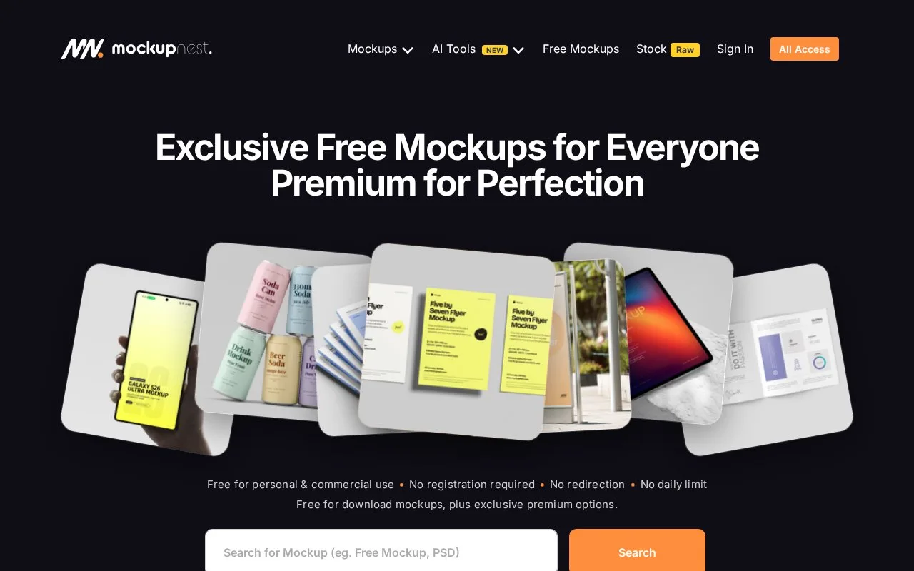 Screenshot of the MockupNest homepage