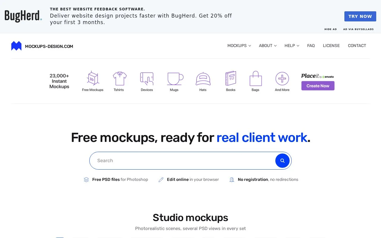 Screenshot of the Mockups Design homepage