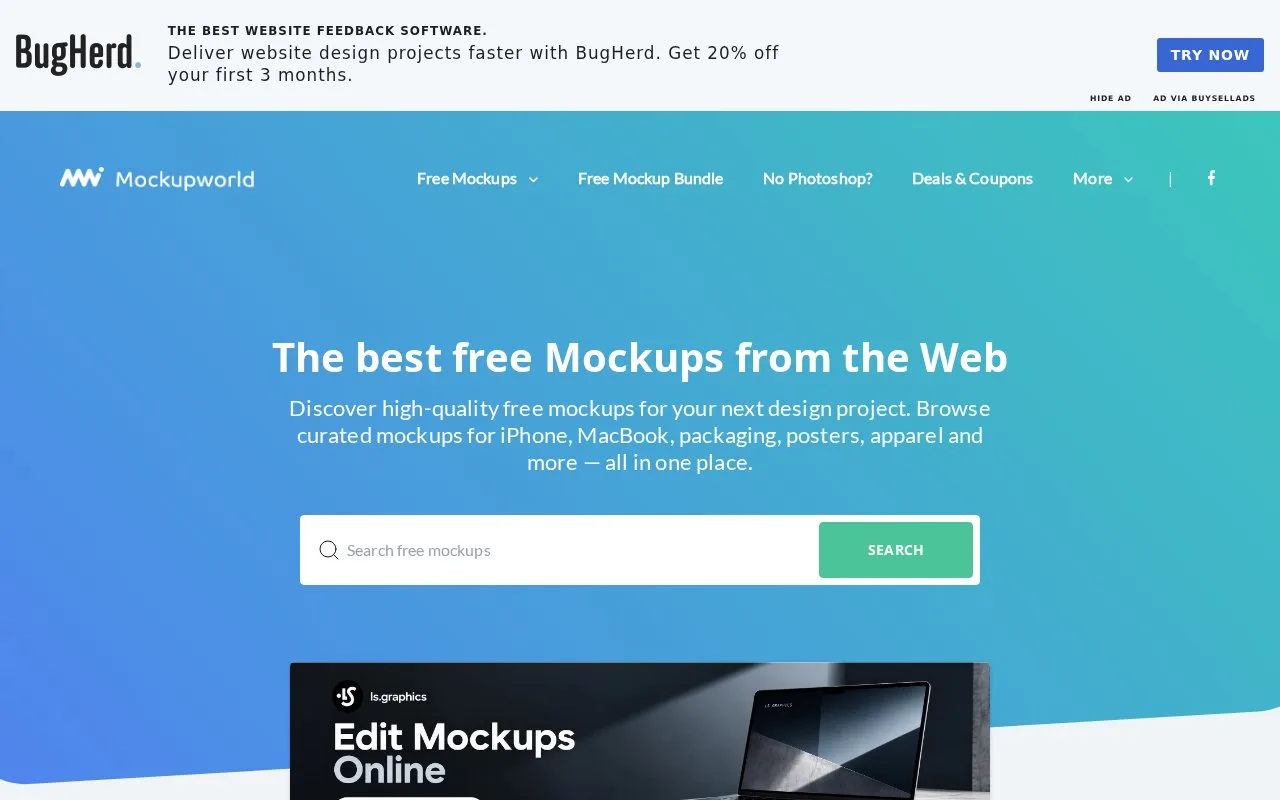 Screenshot of the Mockup World homepage