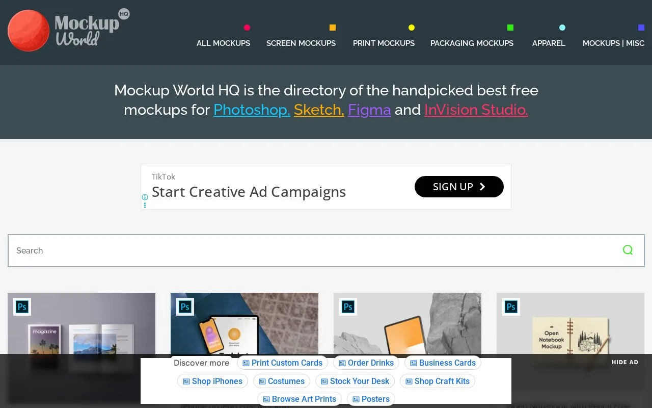 Screenshot of the Mockup World HQ homepage