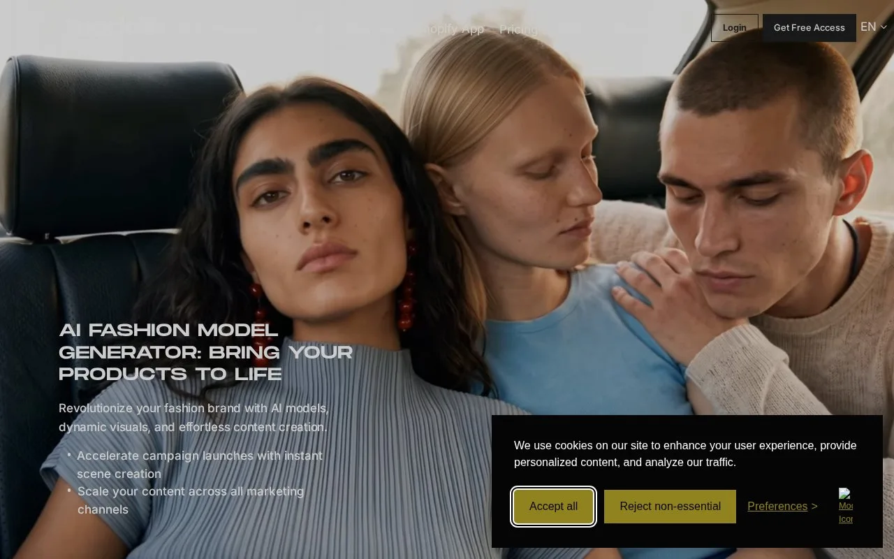 Screenshot of the Modelia homepage