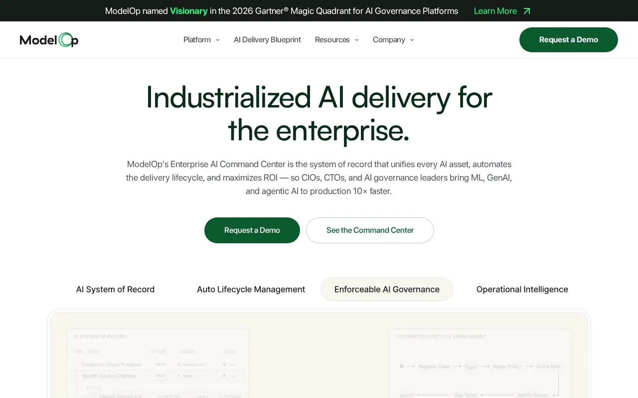 Screenshot of the ModelOp homepage