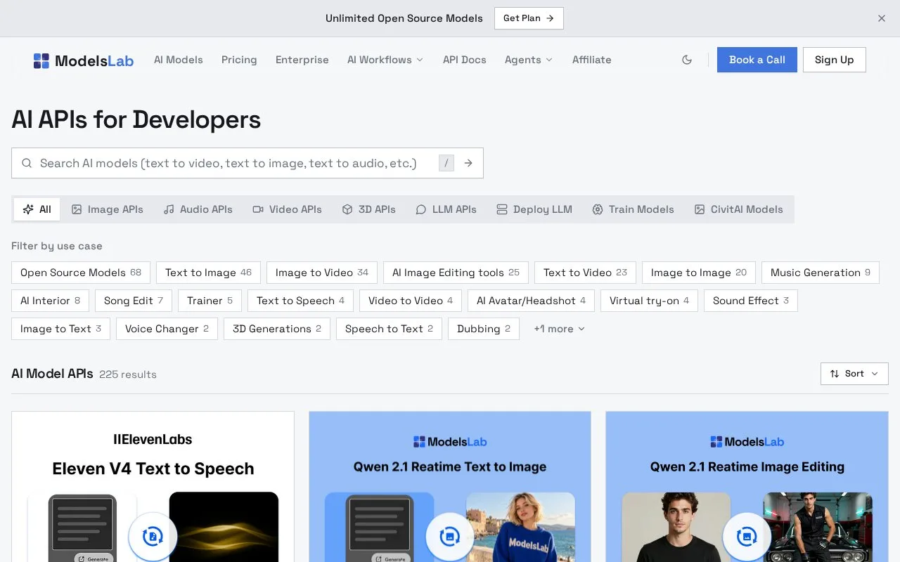 Screenshot of the ModelsLab homepage