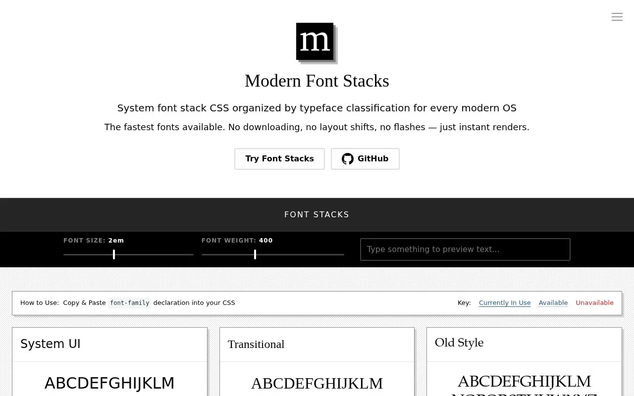 Screenshot of the Modern Font Stacks homepage