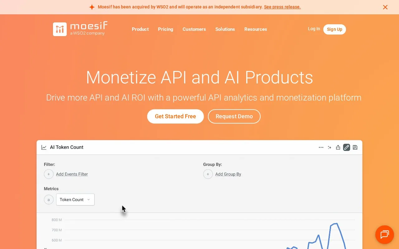 Screenshot of the Moesif API Analytics homepage
