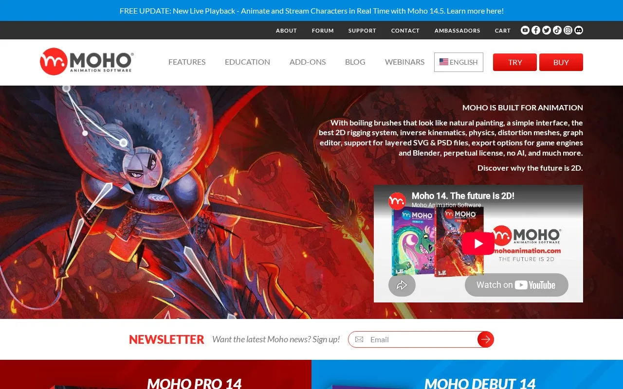 Screenshot of the Moho homepage