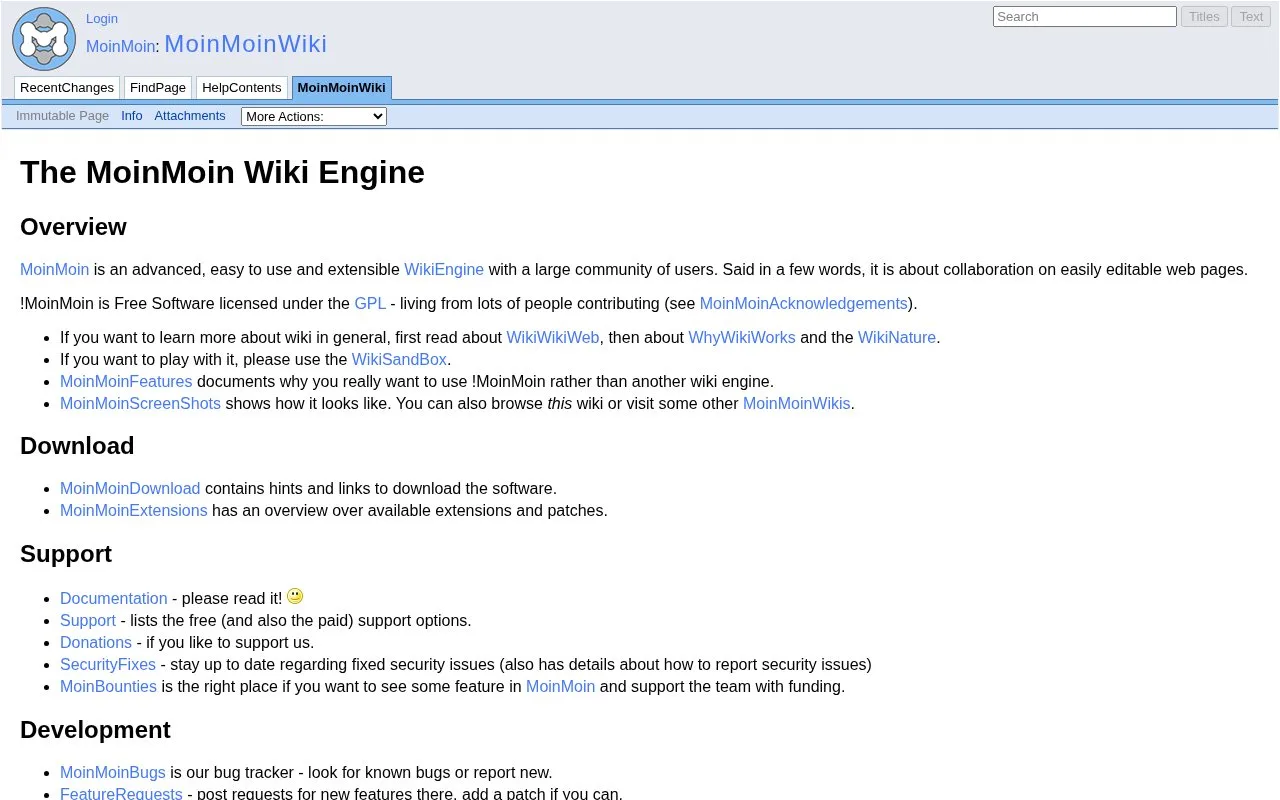 Screenshot of the MoinMoin homepage