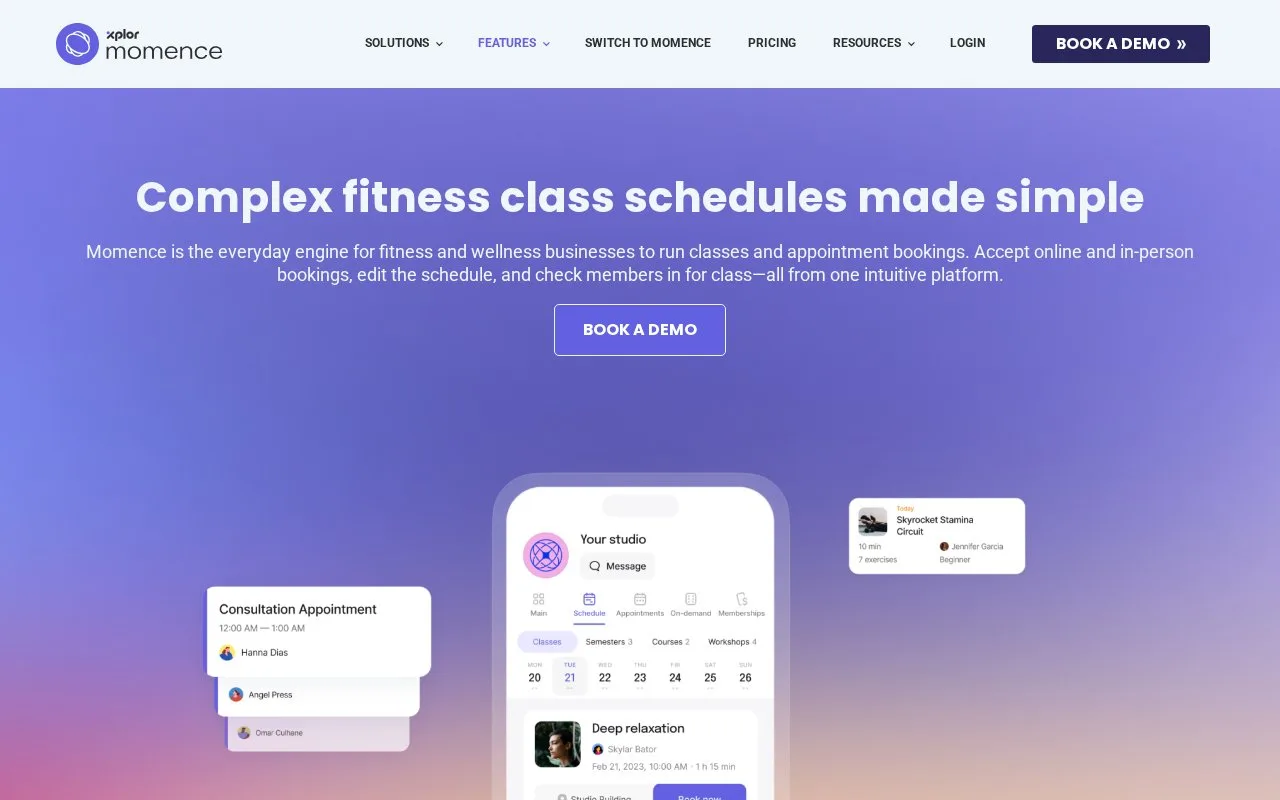 Screenshot of the Momence homepage