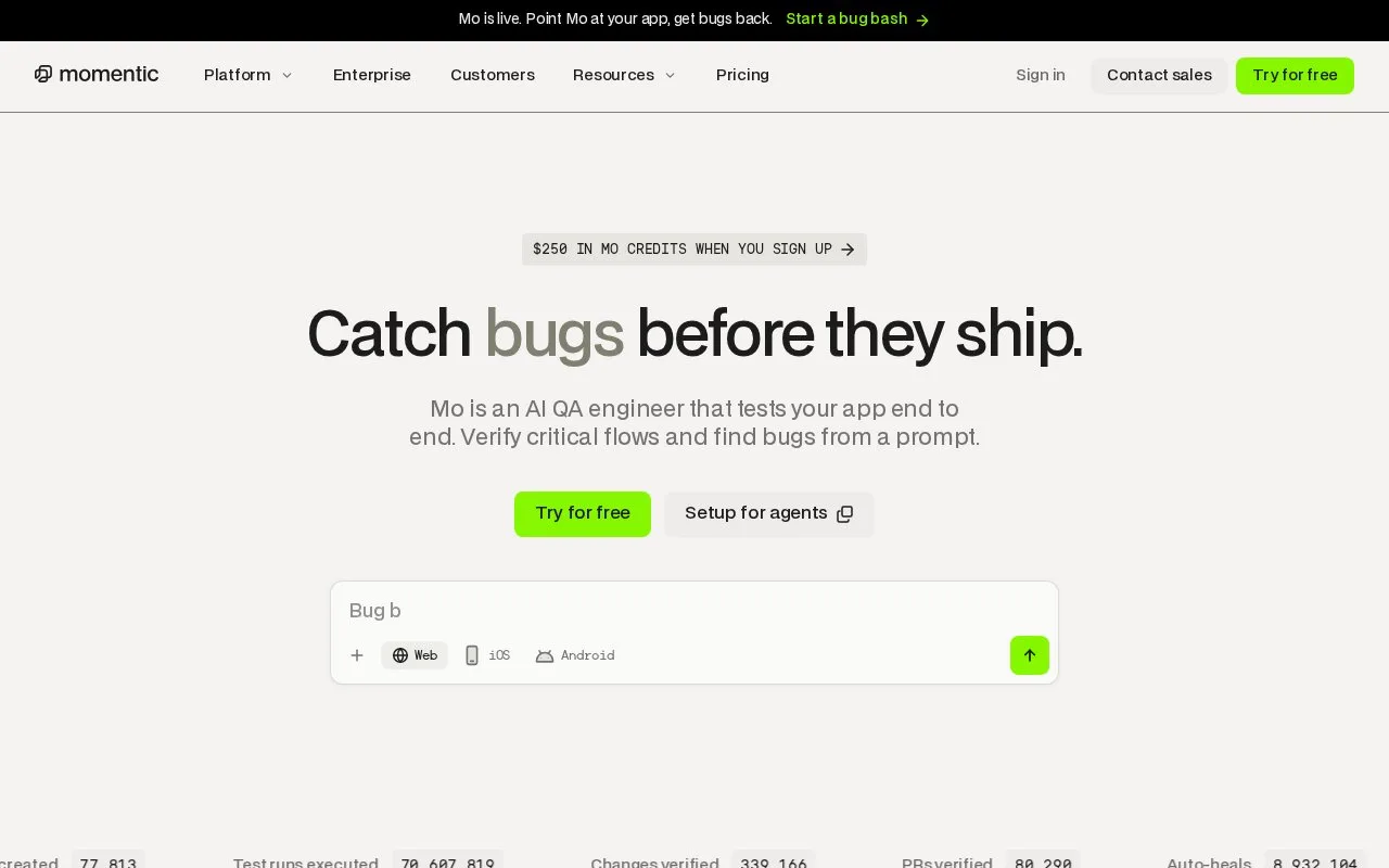 Screenshot of the Momentic homepage
