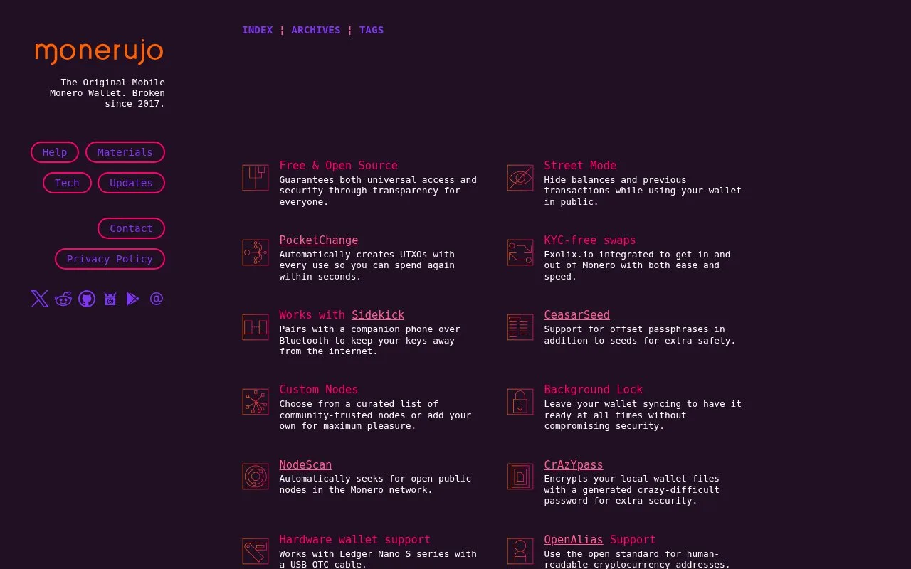 Screenshot of the Monerujo homepage