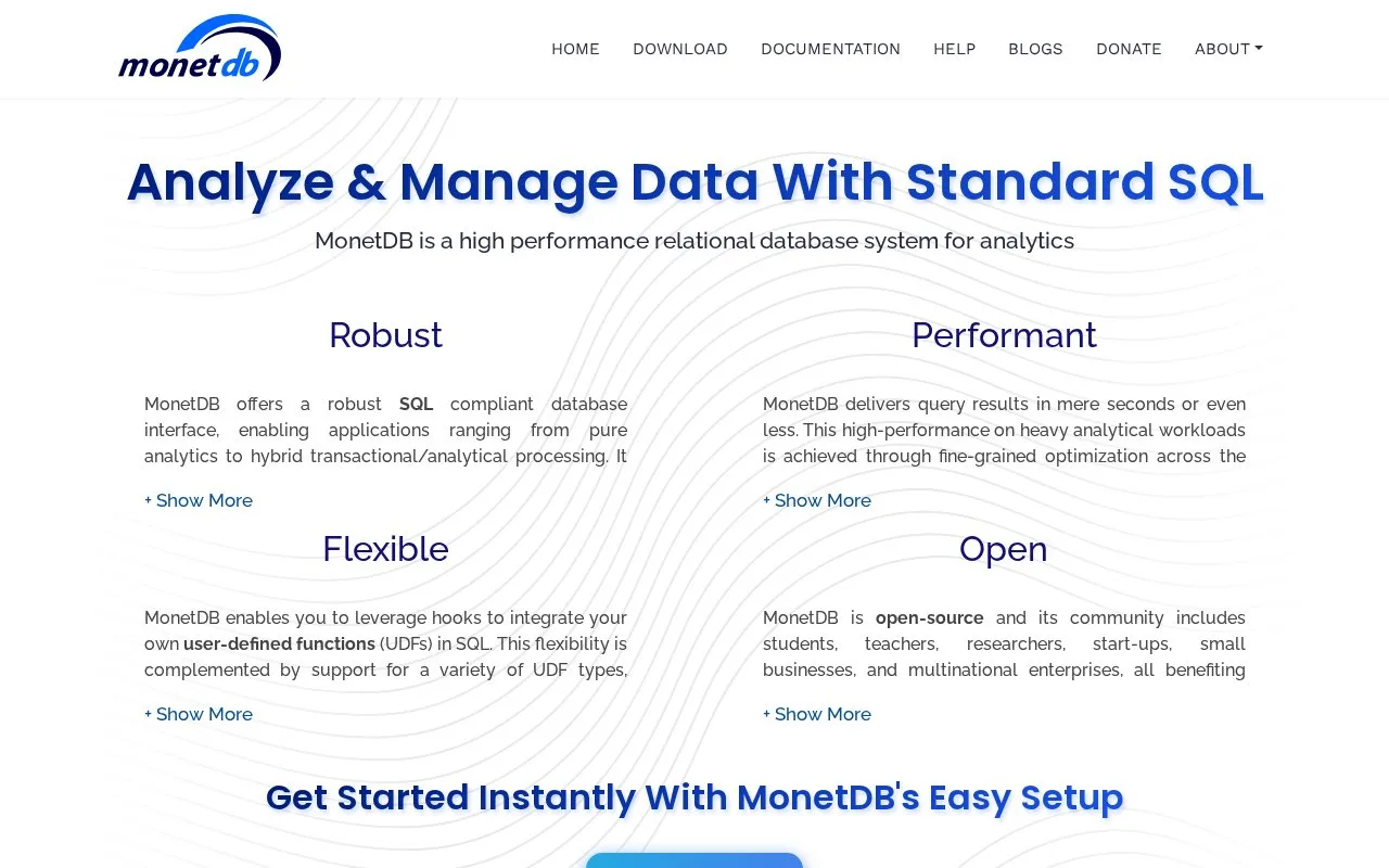 Screenshot of the MonetDB homepage