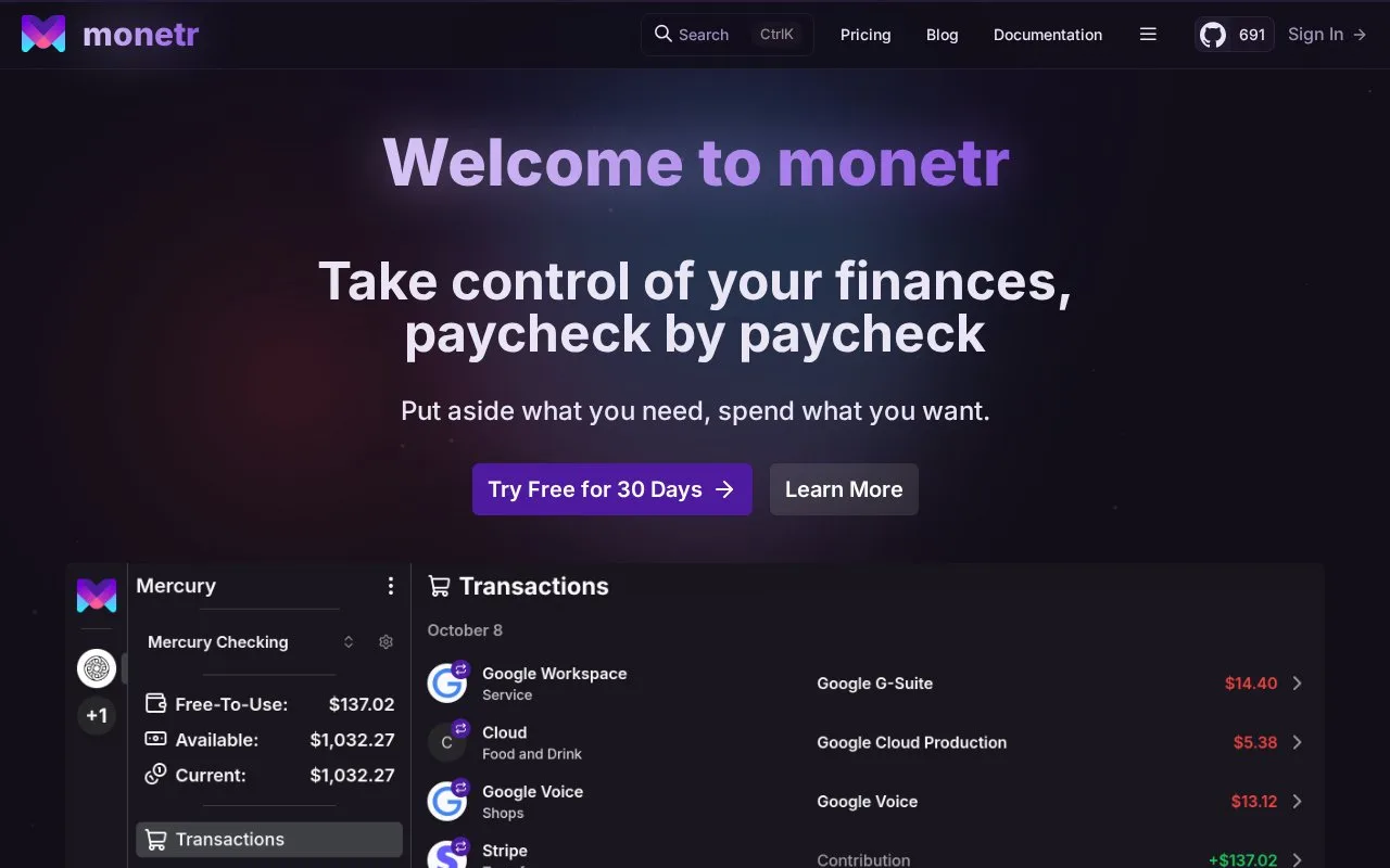 Screenshot of the monetr homepage