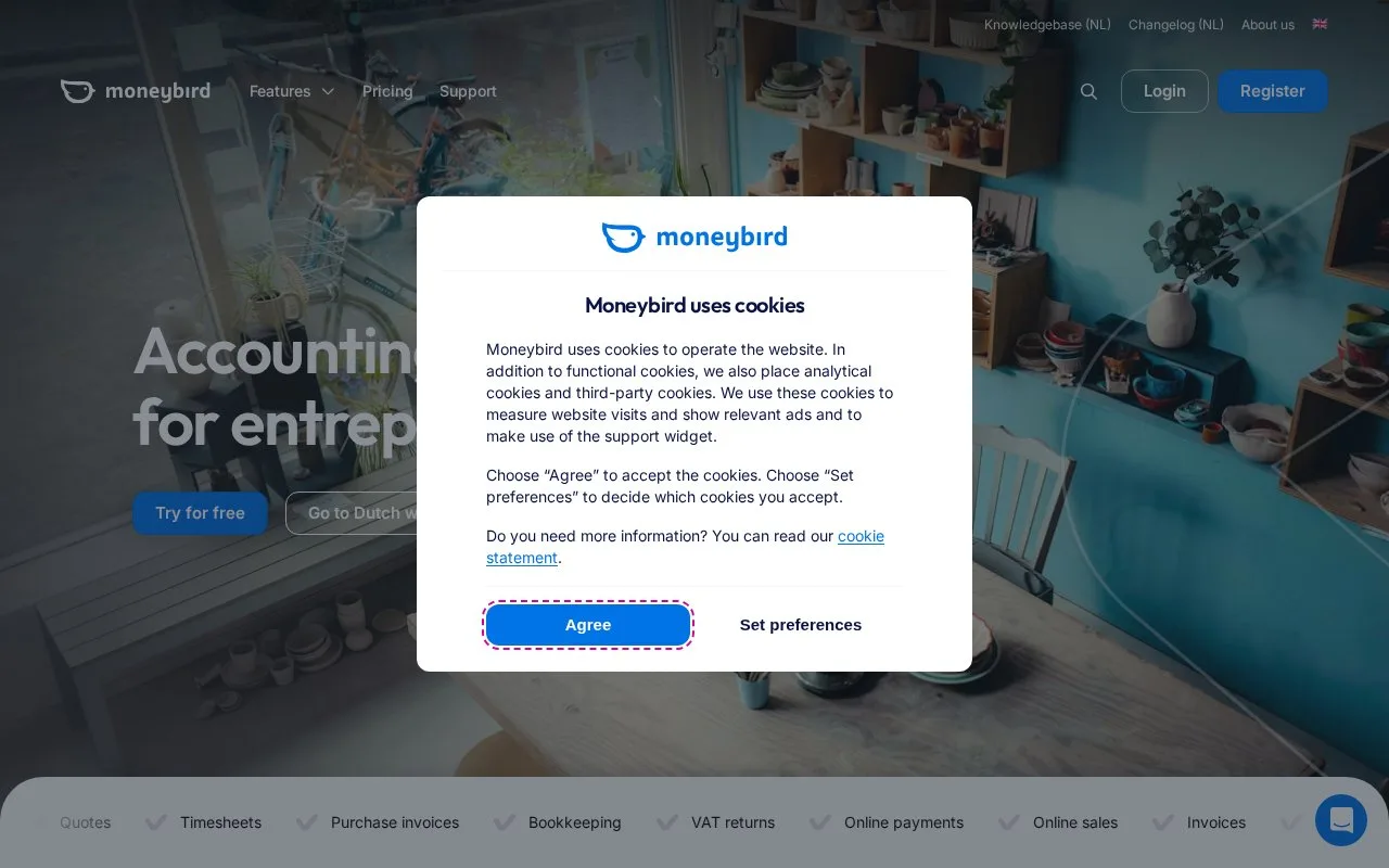 Screenshot of the Moneybird homepage