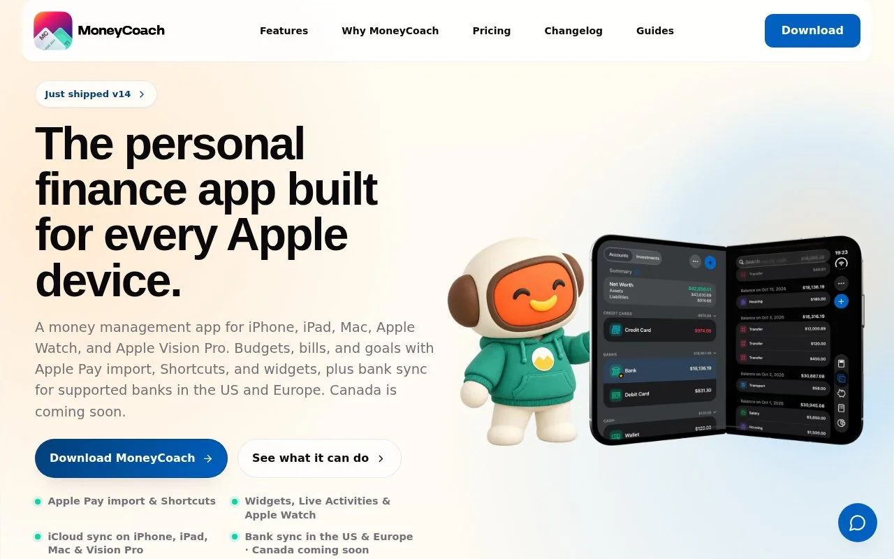 Screenshot of the MoneyCoach homepage
