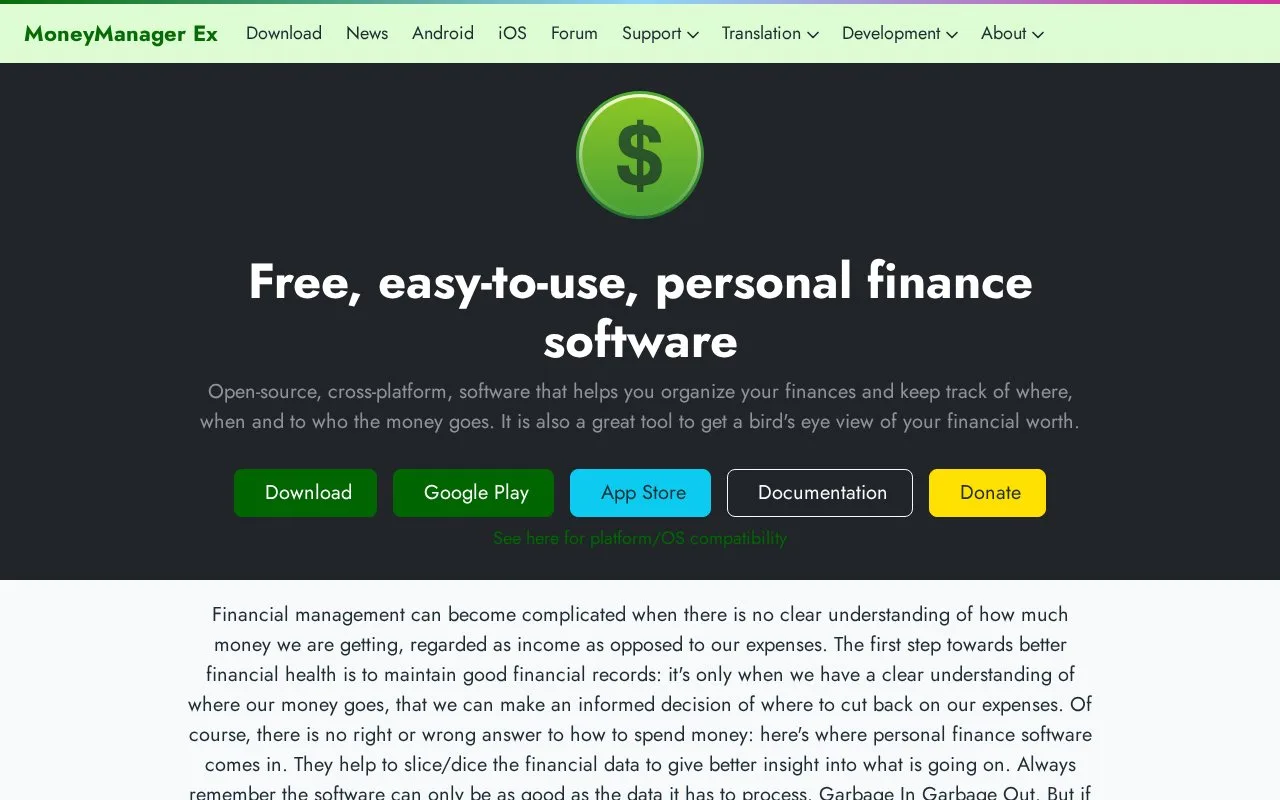 Screenshot of the Money Manager Ex homepage