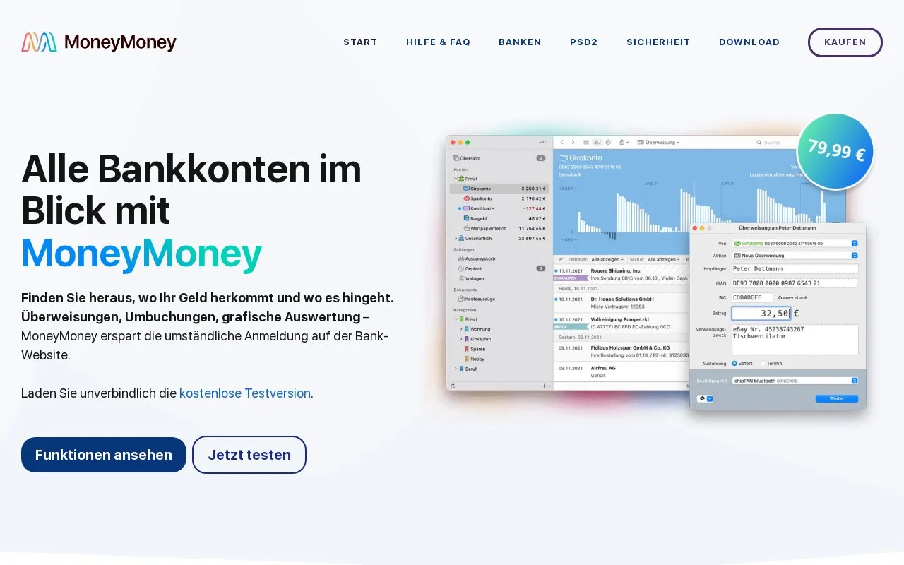 Screenshot of the MoneyMoney homepage