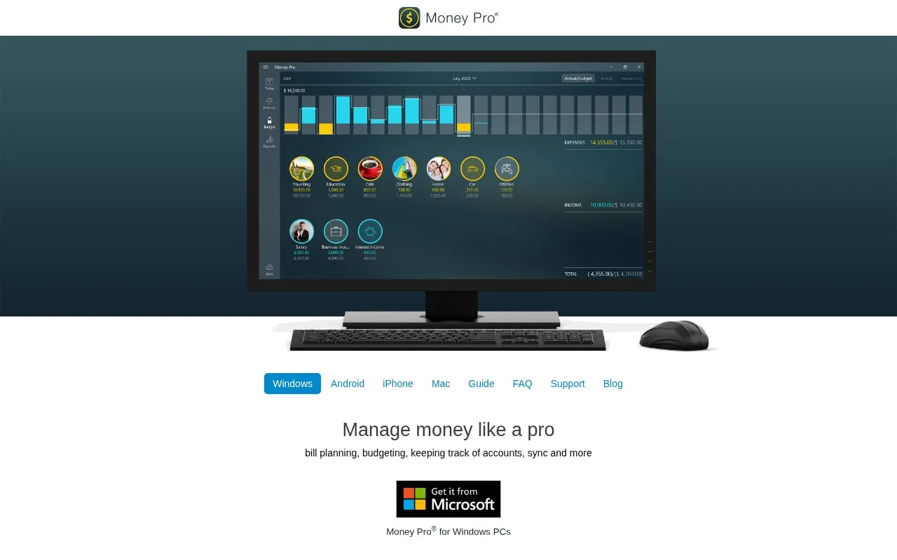 Screenshot of the Money Pro homepage
