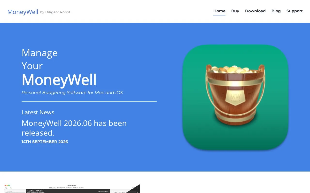 Screenshot of the MoneyWell homepage