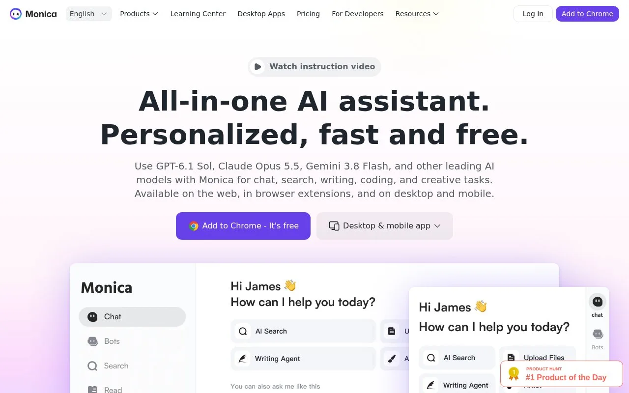Screenshot of the Monica homepage