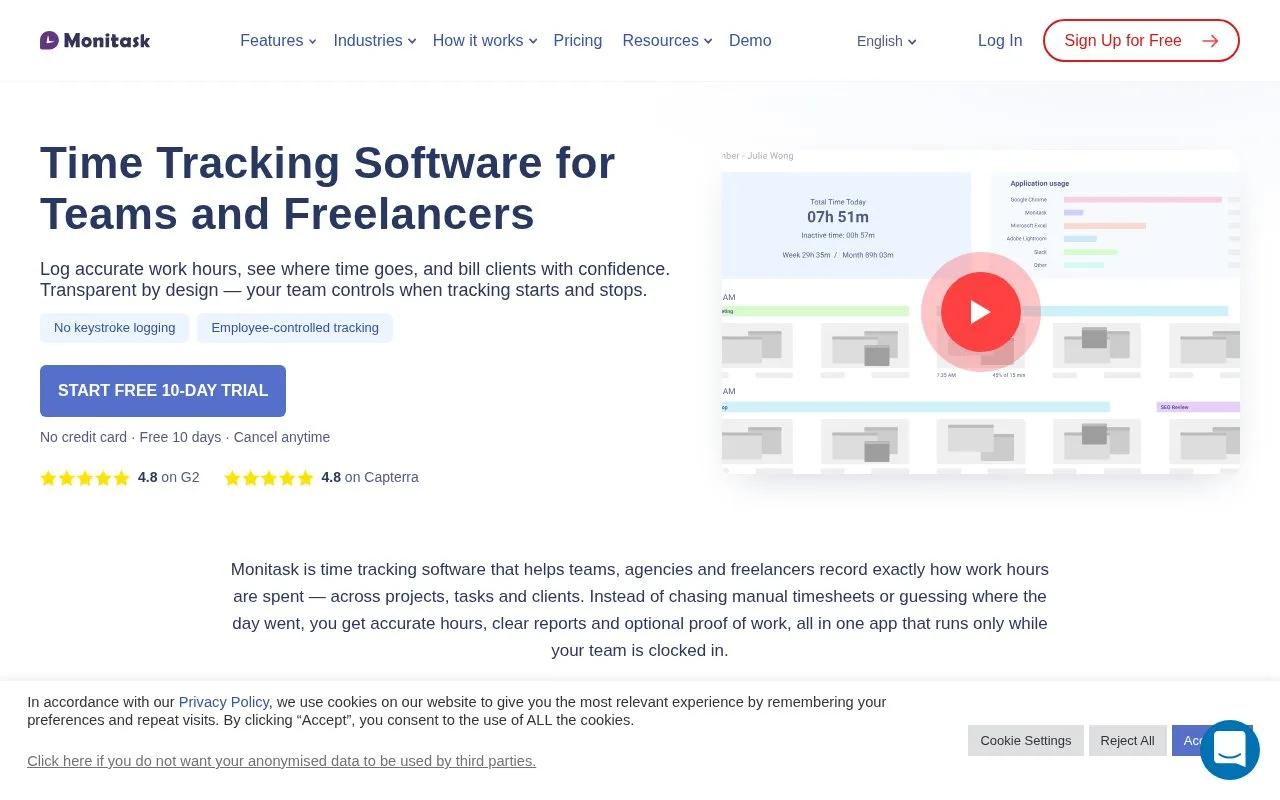 Screenshot of the Monitask homepage