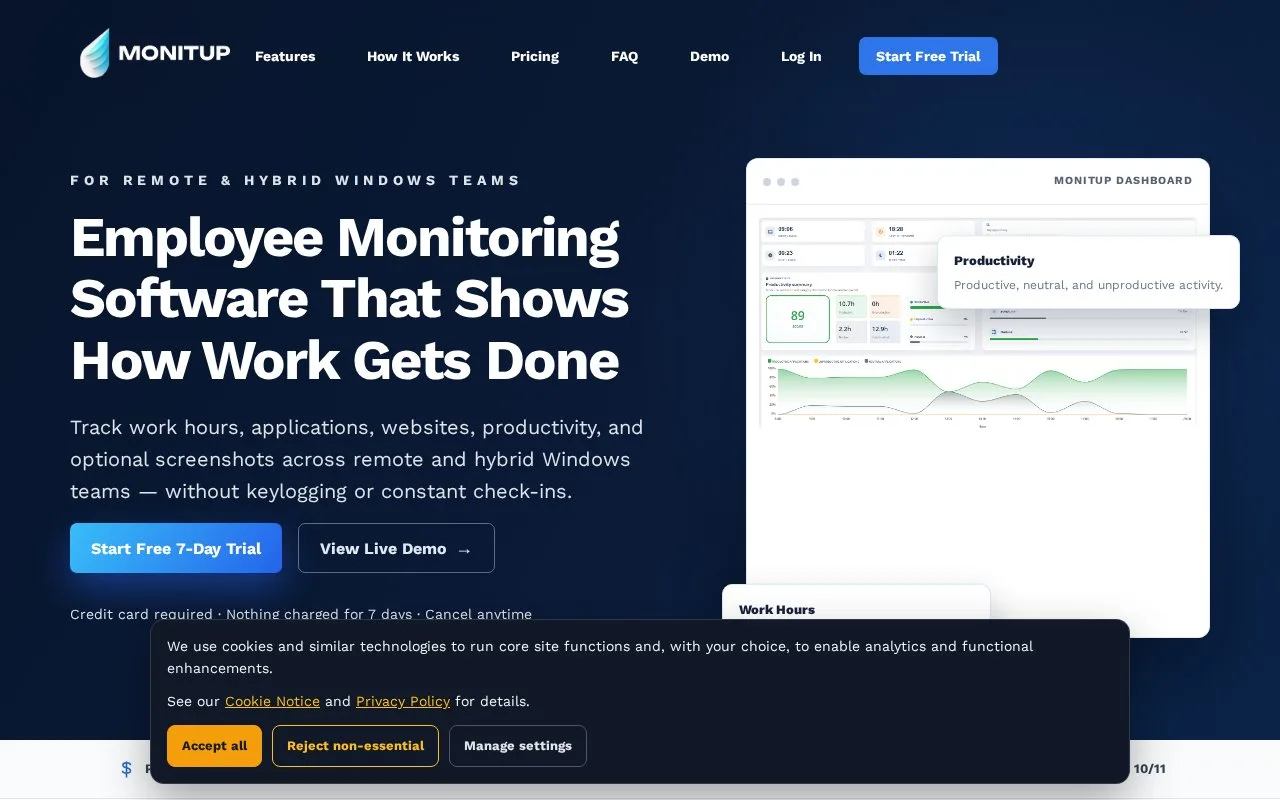 Screenshot of the MonitUp homepage