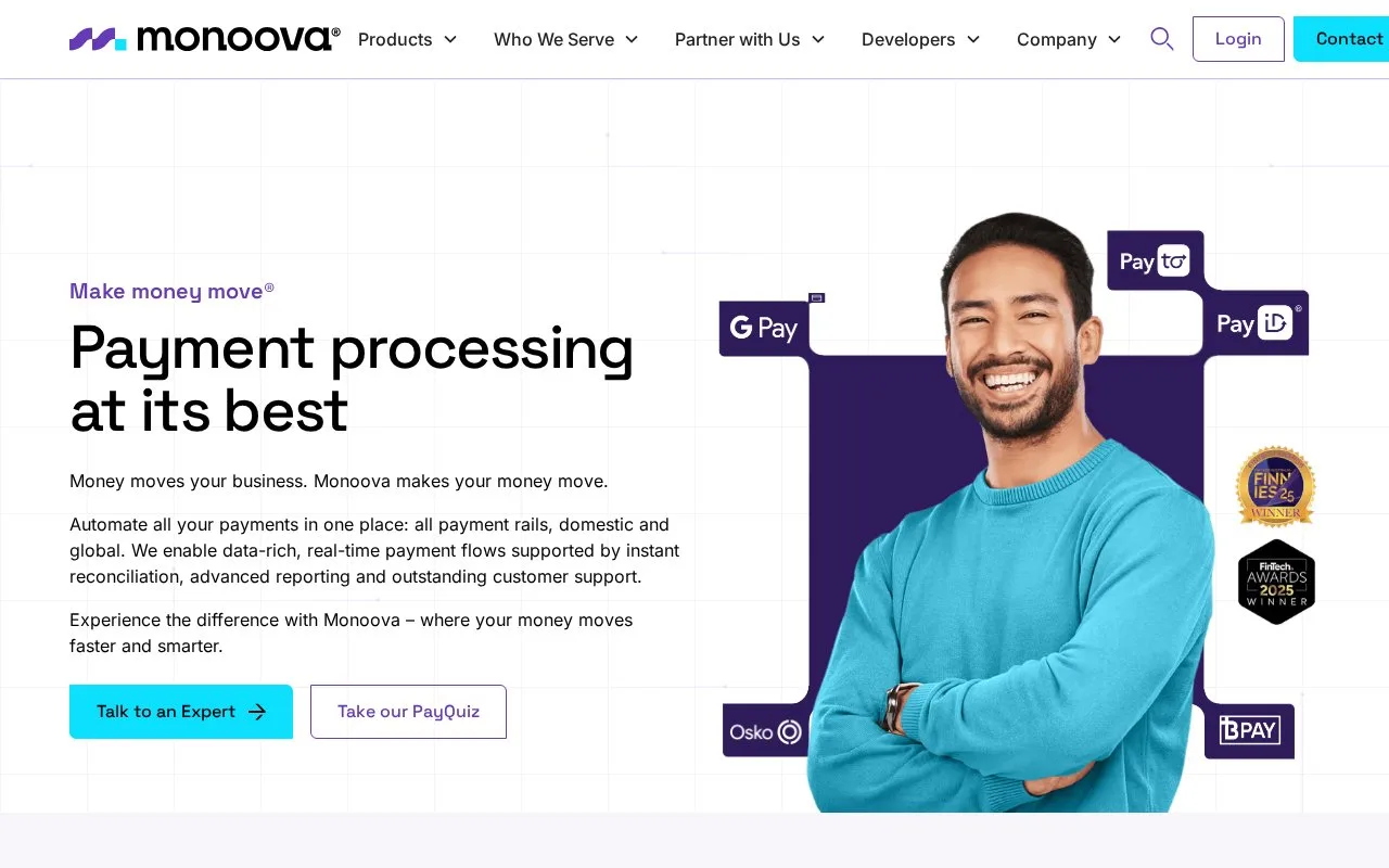 Screenshot of the Monoova homepage