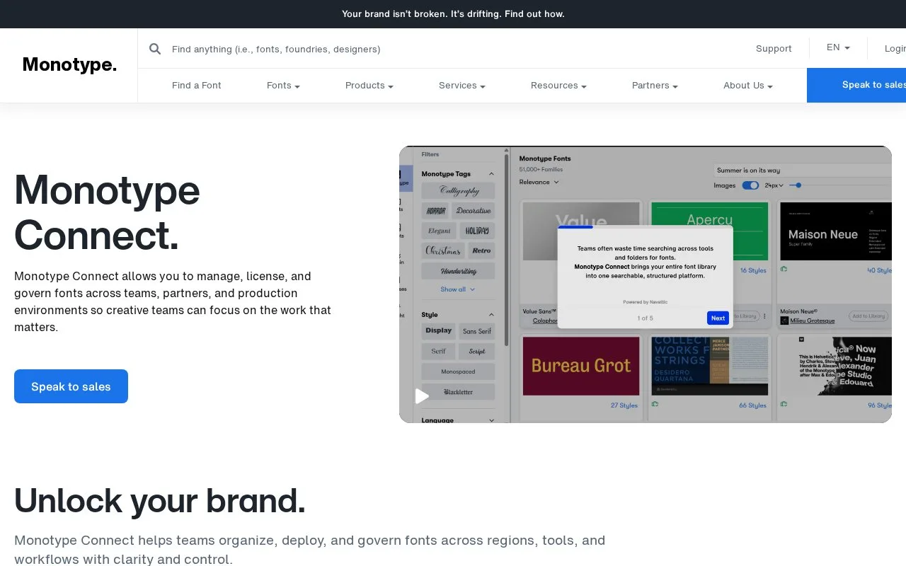 Screenshot of the Monotype Connect homepage