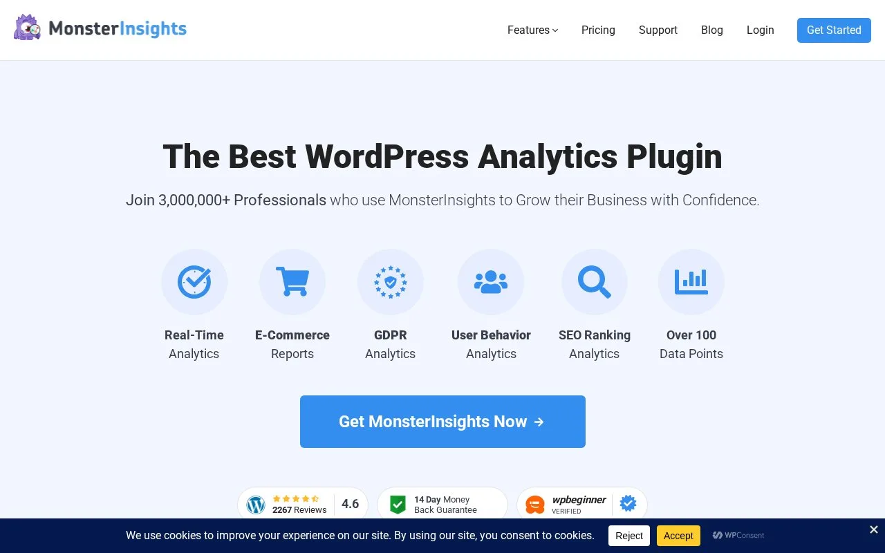 Screenshot of the MonsterInsights homepage