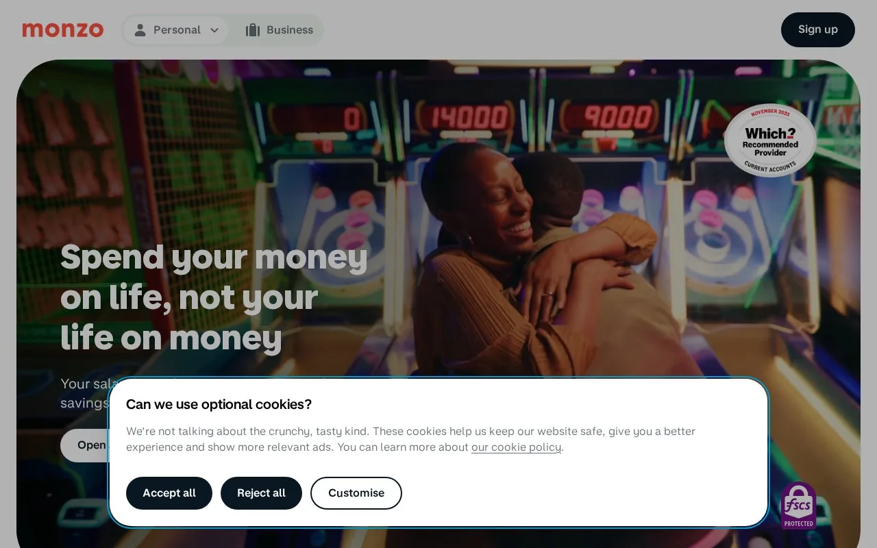Screenshot of the Monzo homepage