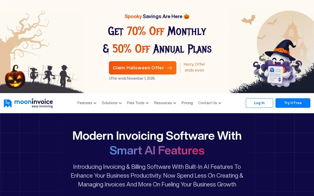 Screenshot of the Moon Invoice homepage