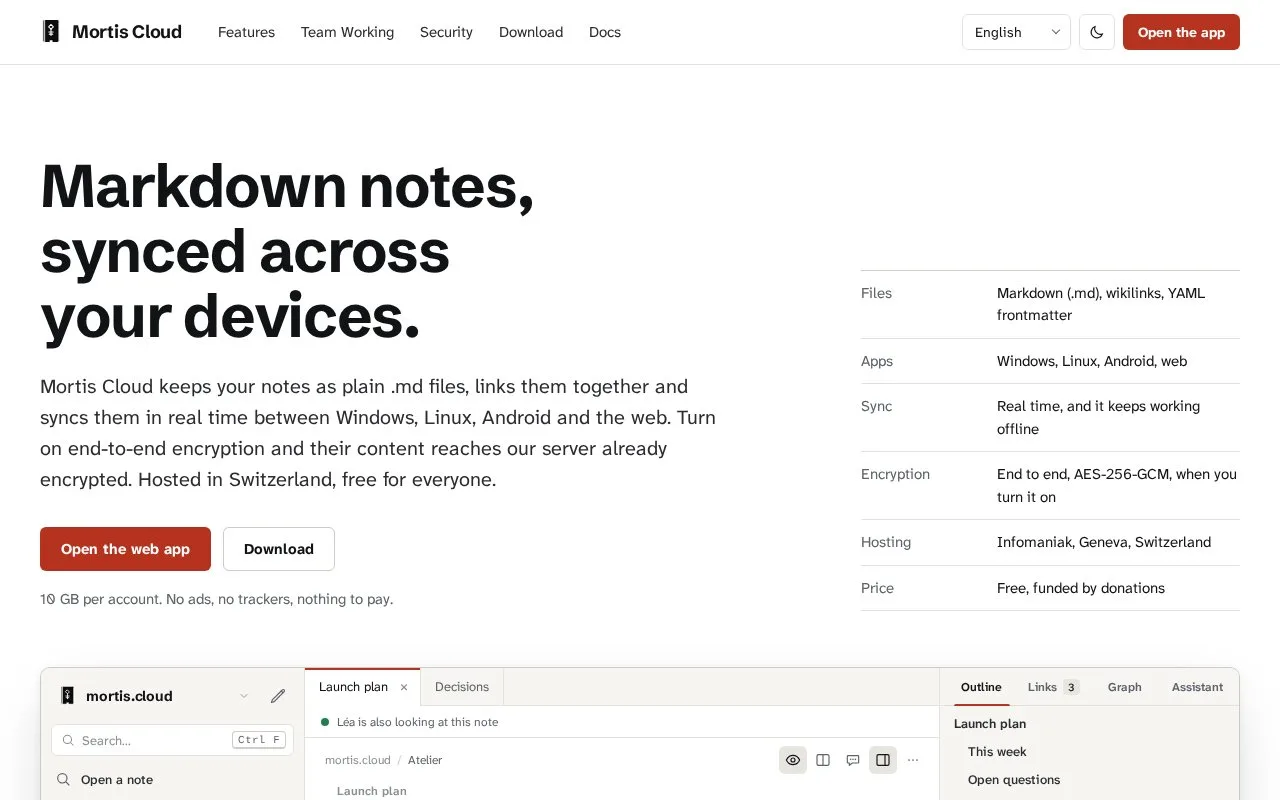 Screenshot of the Mortis Cloud homepage