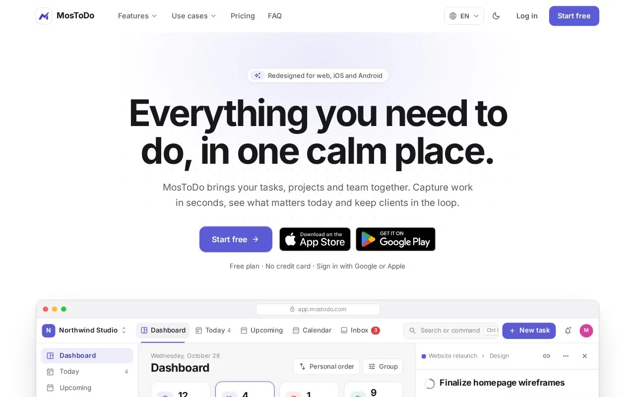 Screenshot of the MosToDo homepage