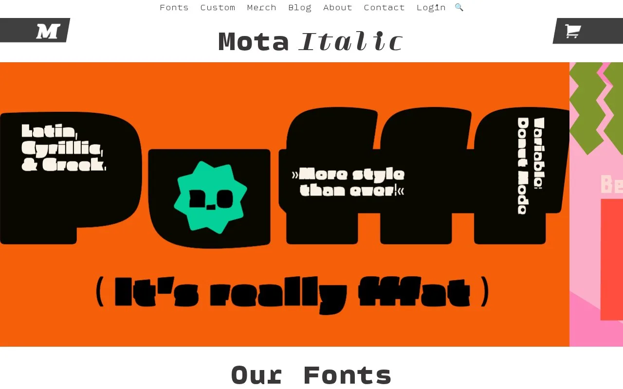 Screenshot of the Mota Italic homepage