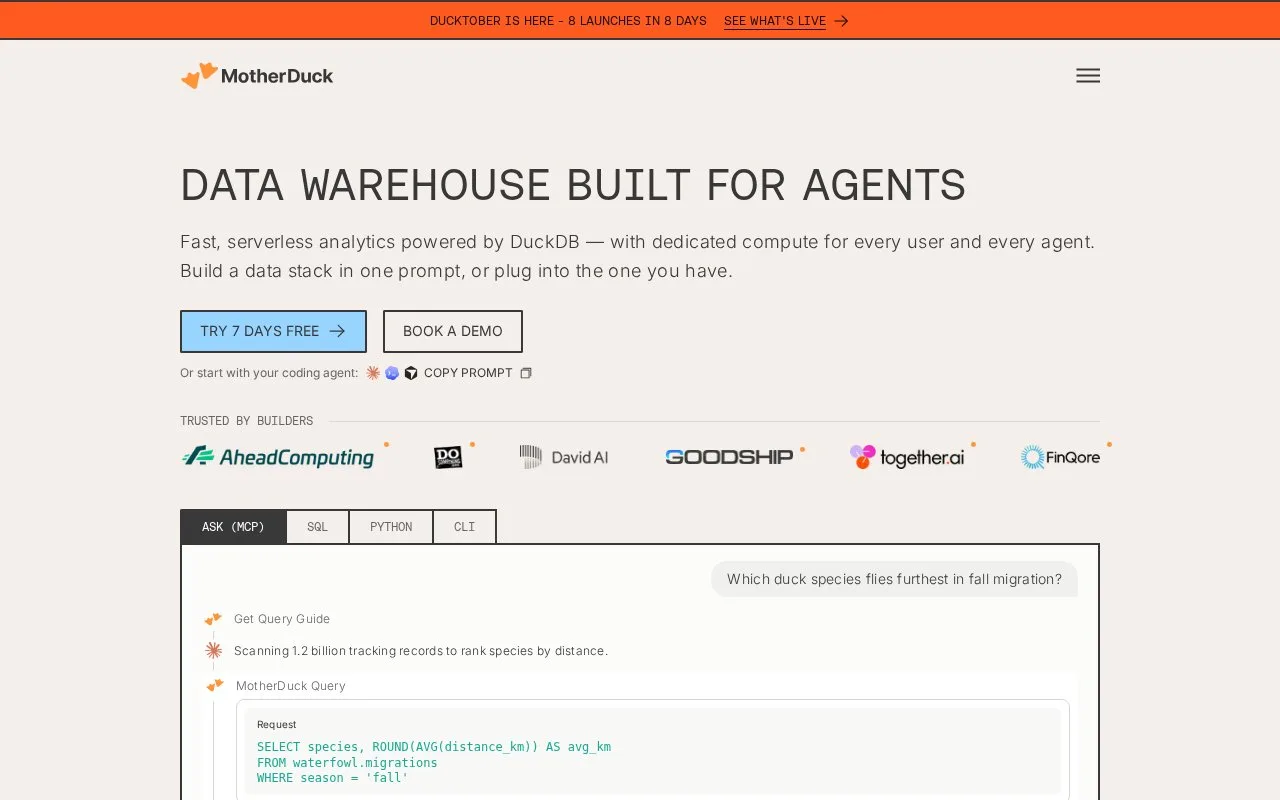 Screenshot of the MotherDuck homepage