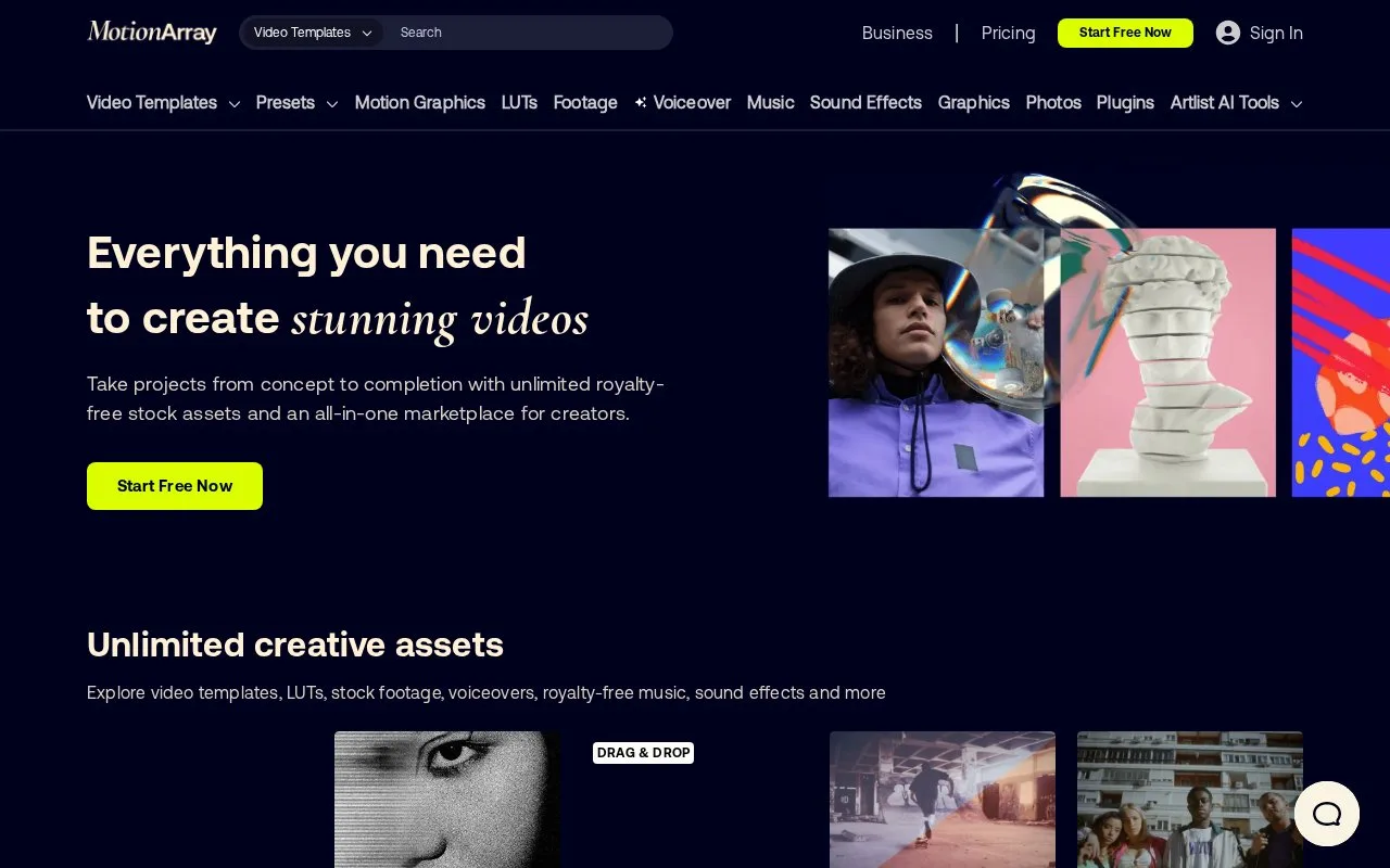 Screenshot of the Motion Array homepage