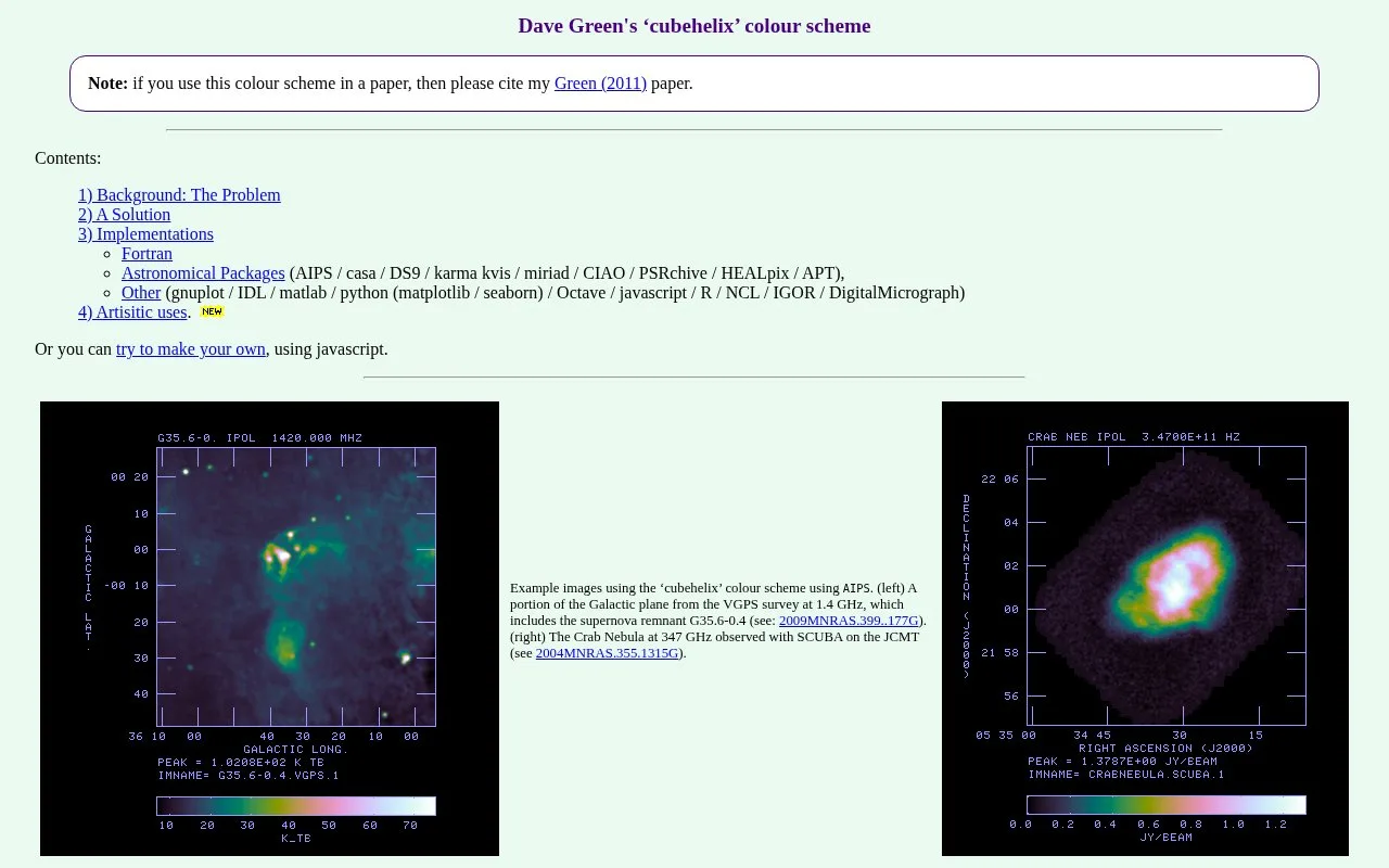 Screenshot of the cubehelix homepage