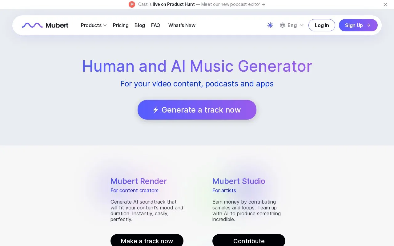 Screenshot of the Mubert homepage